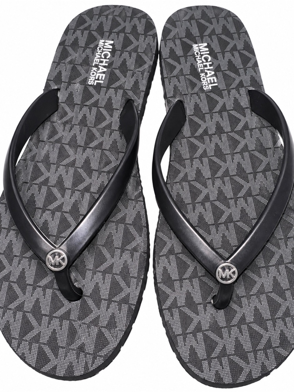 Michael Kors Men's Gray Monogram Flip Flops with Black Straps